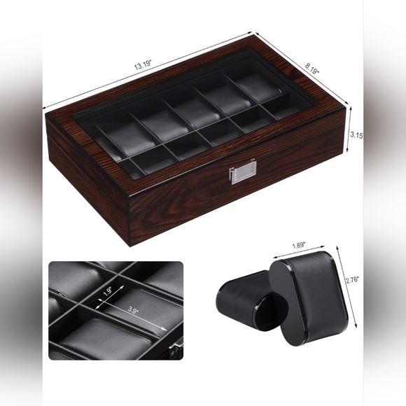 BEWISHOME 12-Slot Watch Box with Glass Window, Brown - Picture 3 of 9